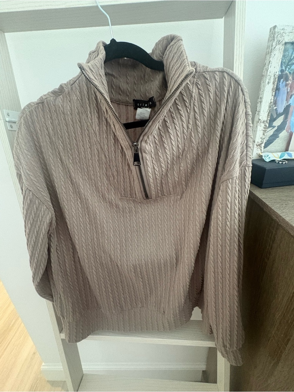 Ariella Taupe Cable-Knit Quarter-Zip Pullover